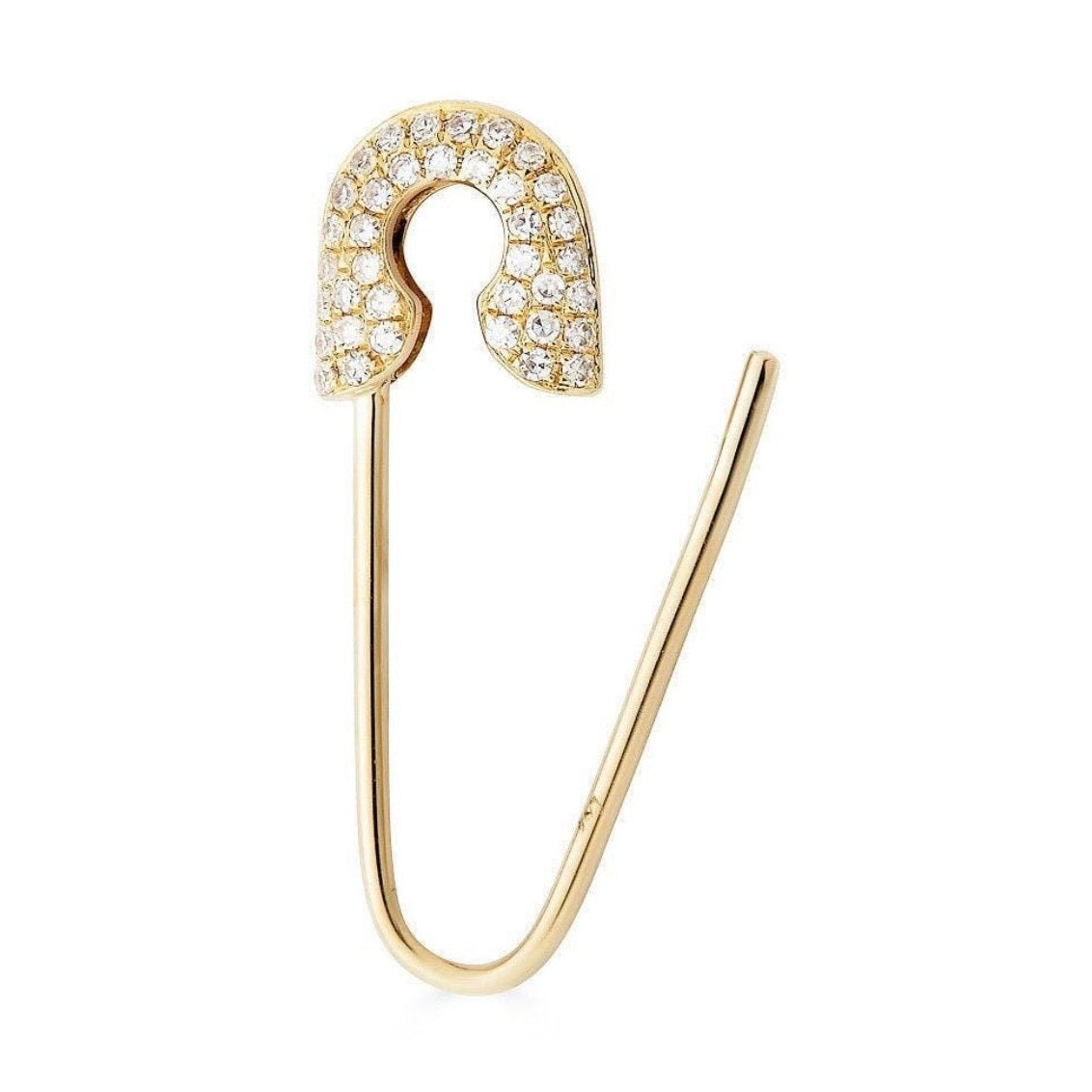 
14k solid gold diamond safety pin earring - pavé diamond sculptural stud, yellow gold
