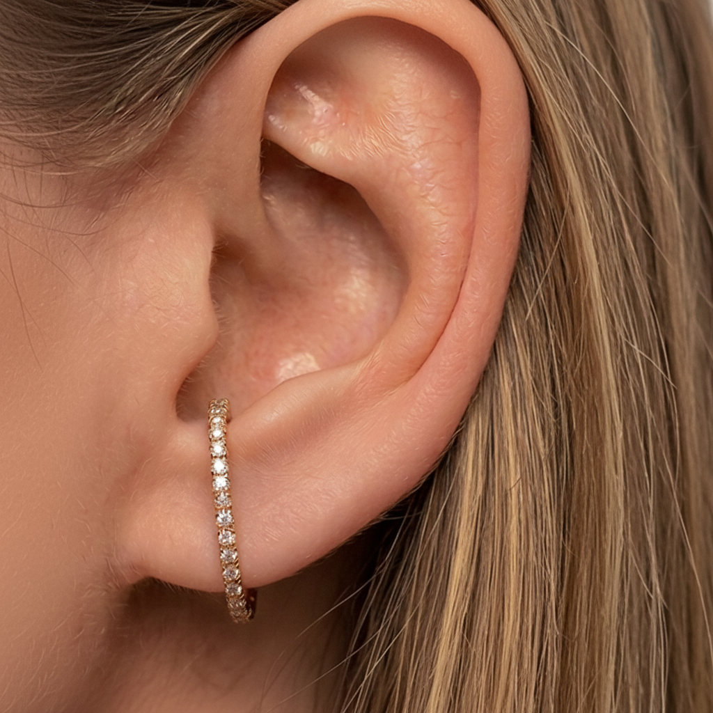 14k solid gold diamond wrap suspender stud huggie cuff earring - pavé diamond curved silhouette, yellow gold