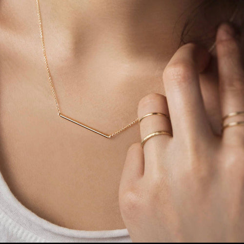 14k solid yellow gold bar necklace on delicate chain, front view