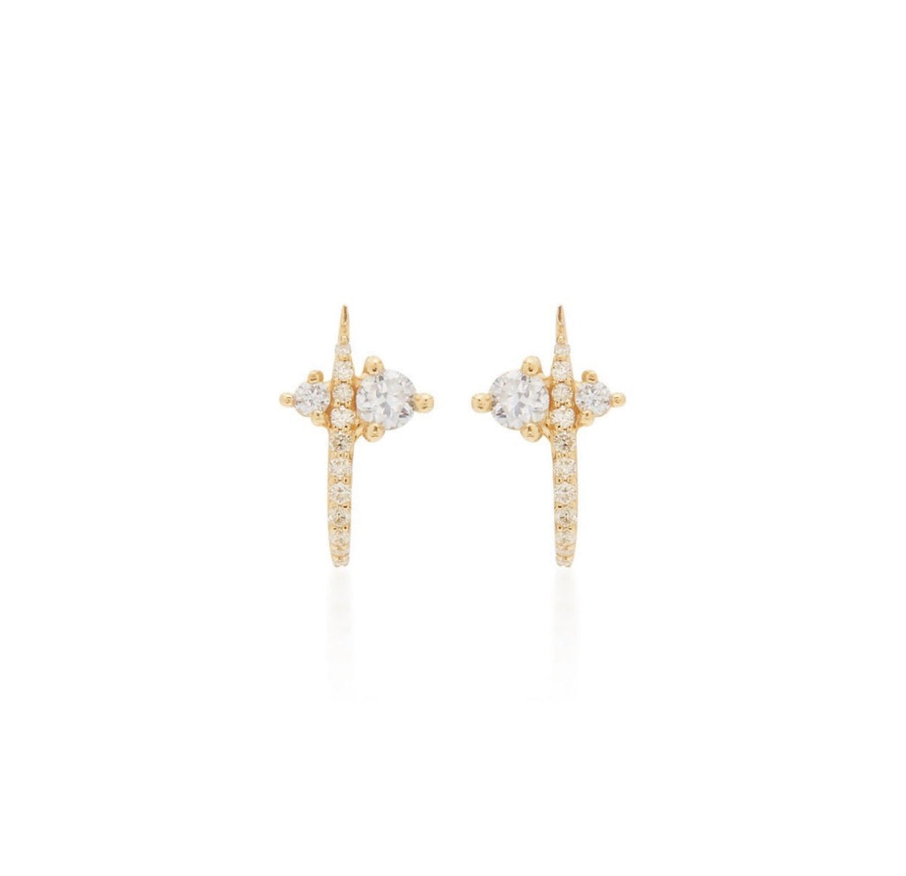 14k solid gold diamond curved huggie earrings pair - pavé diamond studs cluster earring with curved bar, yellow gold
