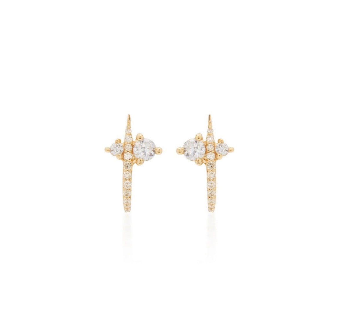 14k solid gold diamond curved huggie earrings pair - pavé diamond studs cluster earring with curved bar, yellow gold
