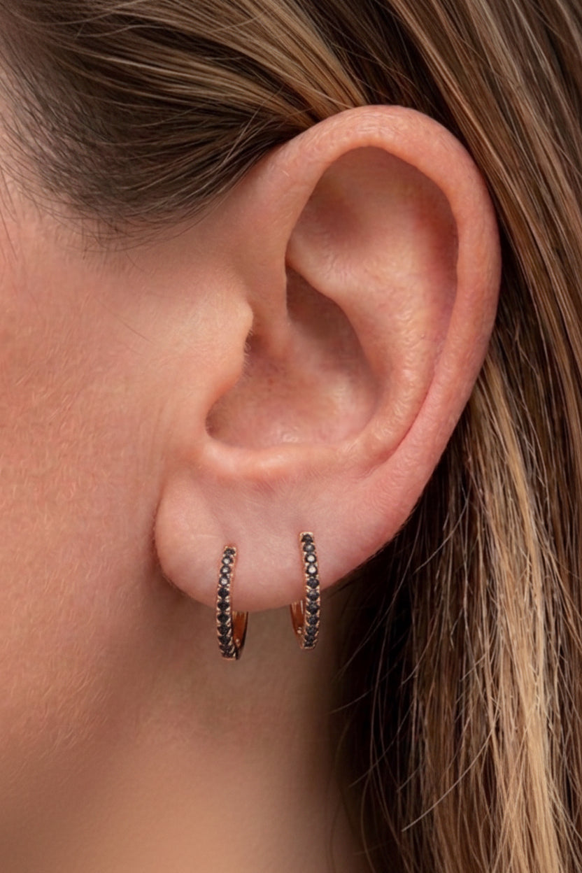 14k solid rose gold black diamond huggie earrings - pavé black diamond huggie hoop, rose gold
