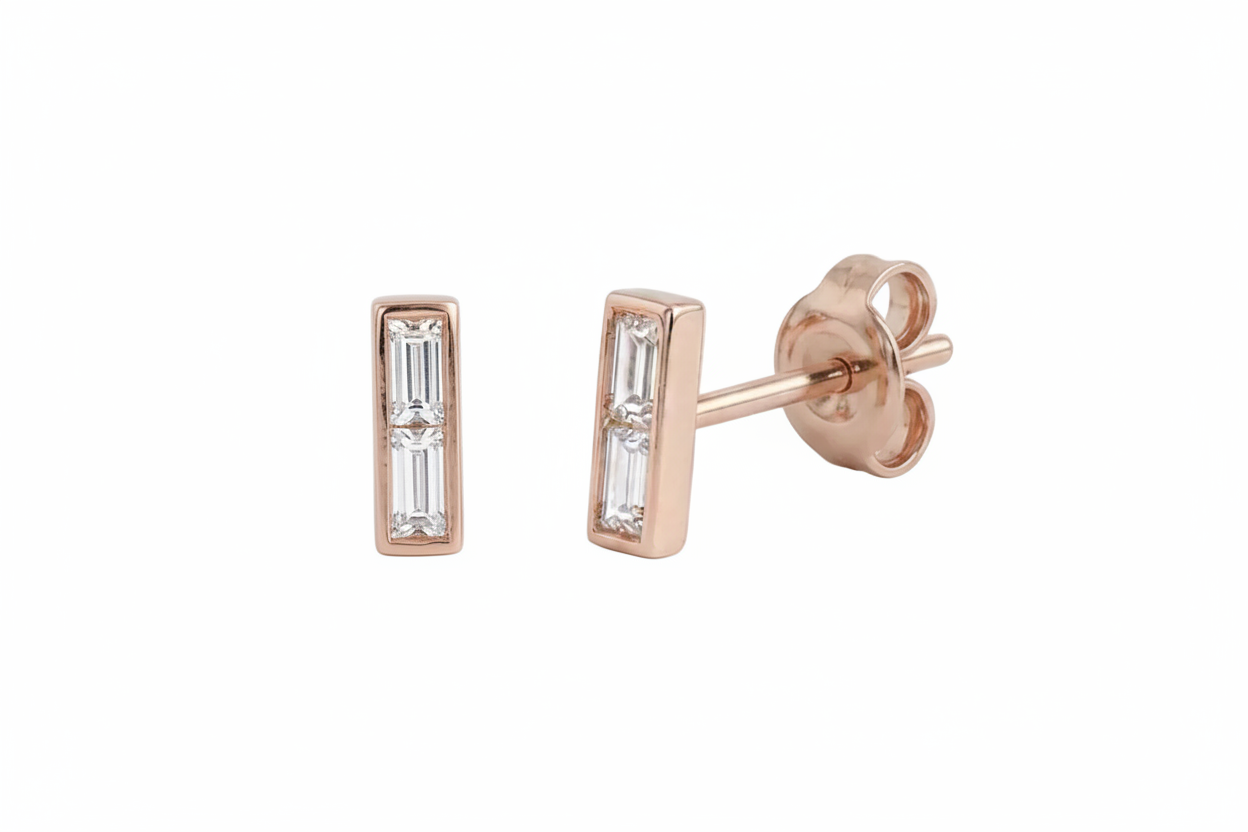 14k solid rose gold baguette diamond stud earrings