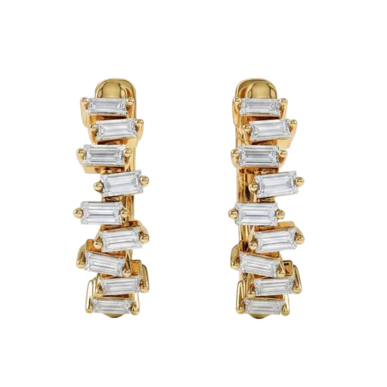14k solid gold staggered diamond baguette huggie earrings, front view