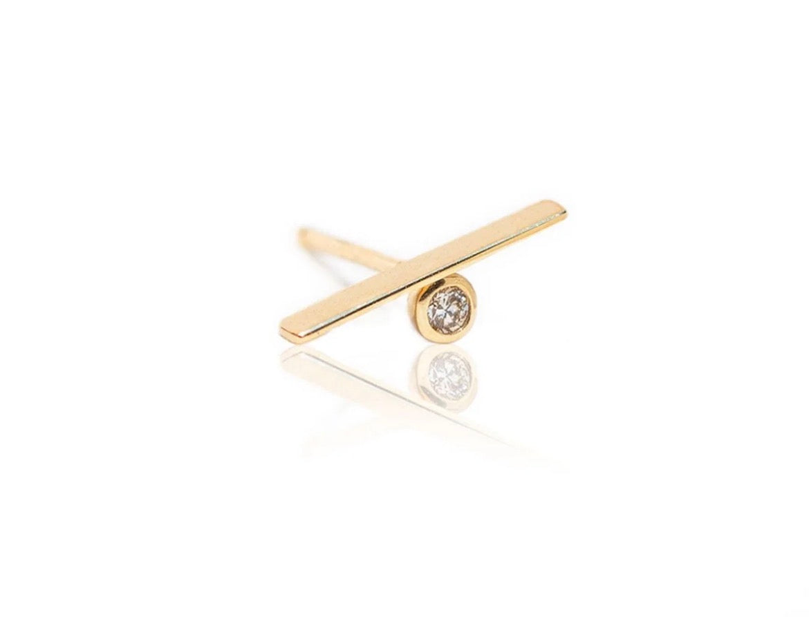 14k solid gold bar bezel diamond minimalist stud earrings - bezel set diamond bar stud, yellow gold
