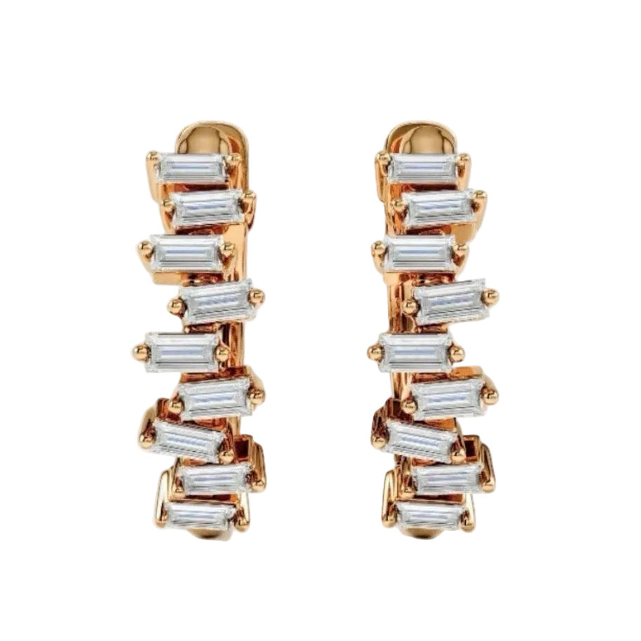 14k Solid Rose Gold Staggered Baguette Diamond Huggie Earrings, front view