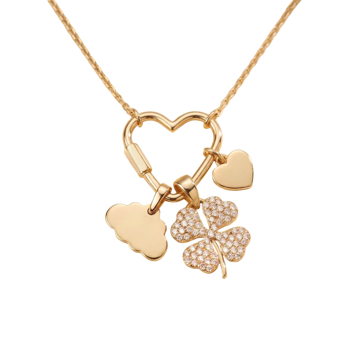14k solid gold heart carabiner charm holder in yellow gold, heart-shaped screw clasp necklace connector with charms
