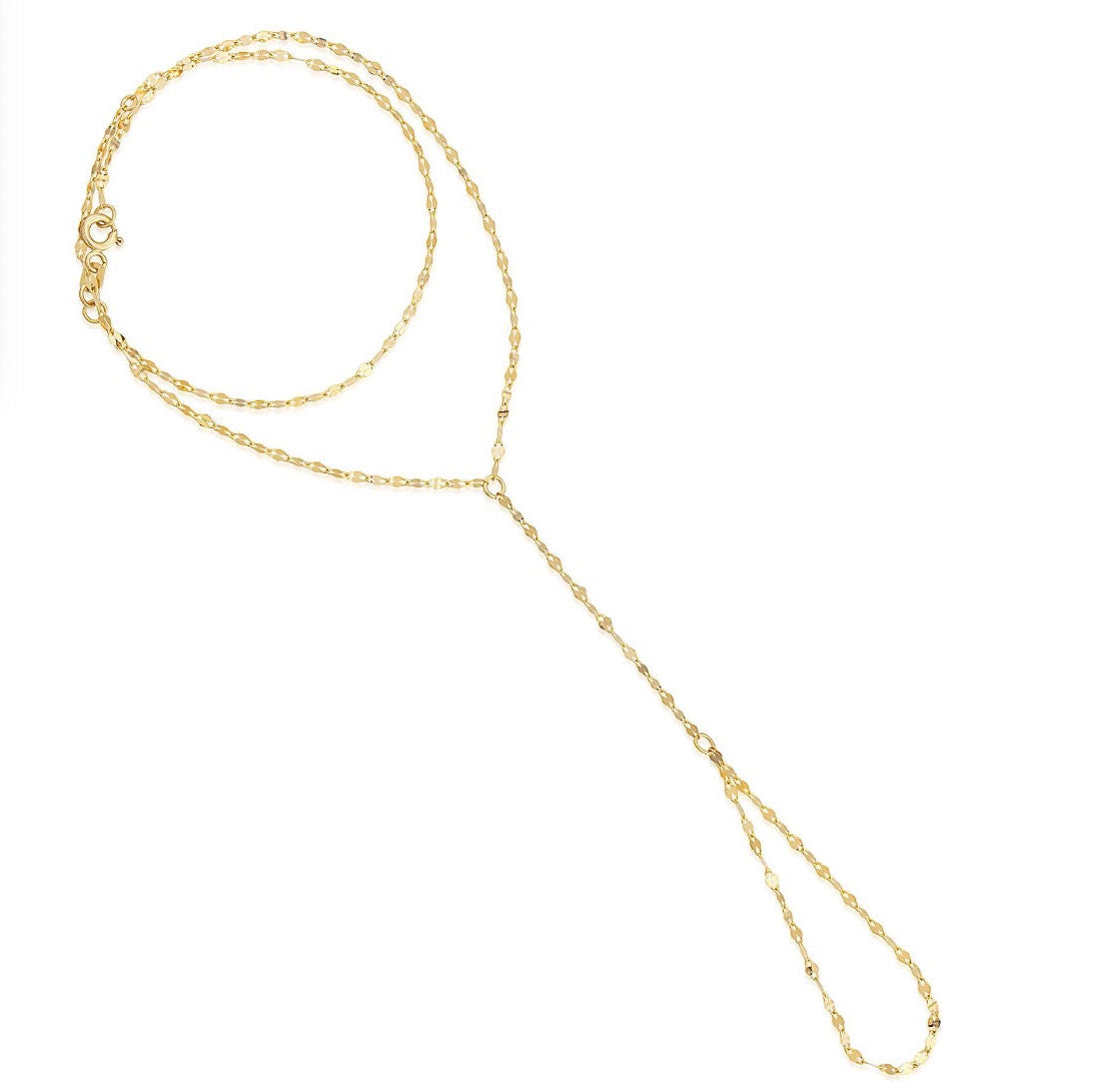 14k solid gold mirrored double chain hand chain bracelet with ring, yellow gold, slave bracelet
