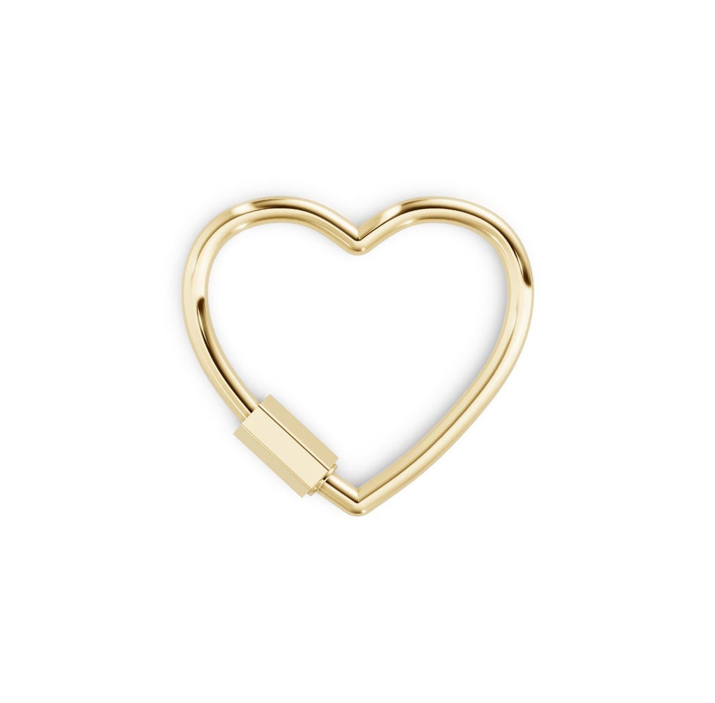 14k solid gold heart carabiner charm holder in yellow gold, heart-shaped screw clasp necklace connector, on white background
