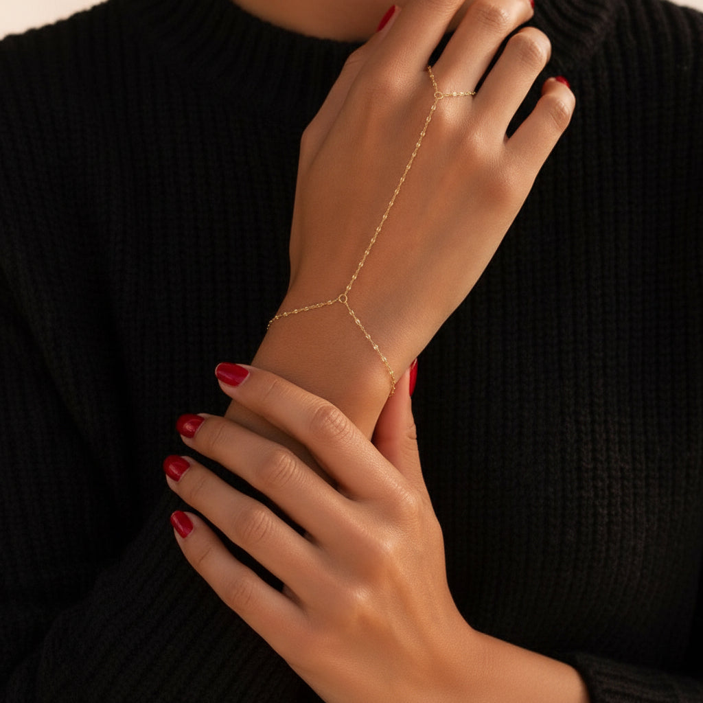14k Solid Gold Mirror Chain Bracelet Linked to Ring - Slave bracelet, yellow gold