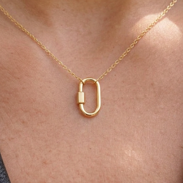 14k solid gold oval carabiner charm holder in yellow gold, screw clasp necklace connector, on white background
