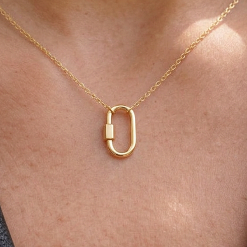 14k solid gold oval carabiner charm holder in yellow gold, screw clasp necklace connector, on white background
