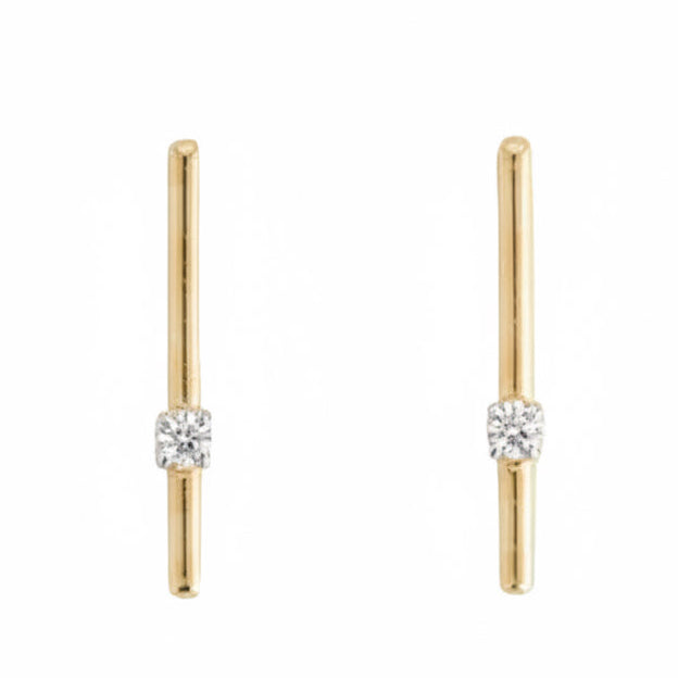 14k solid gold diamond bar minimalist stud earrings - pavé diamond bar stud, yellow gold
