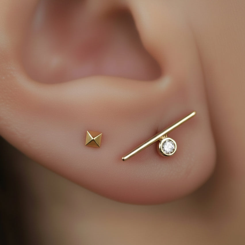 14k solid gold bar bezel diamond minimalist stud earrings - bezel set diamond bar stud, yellow gold
