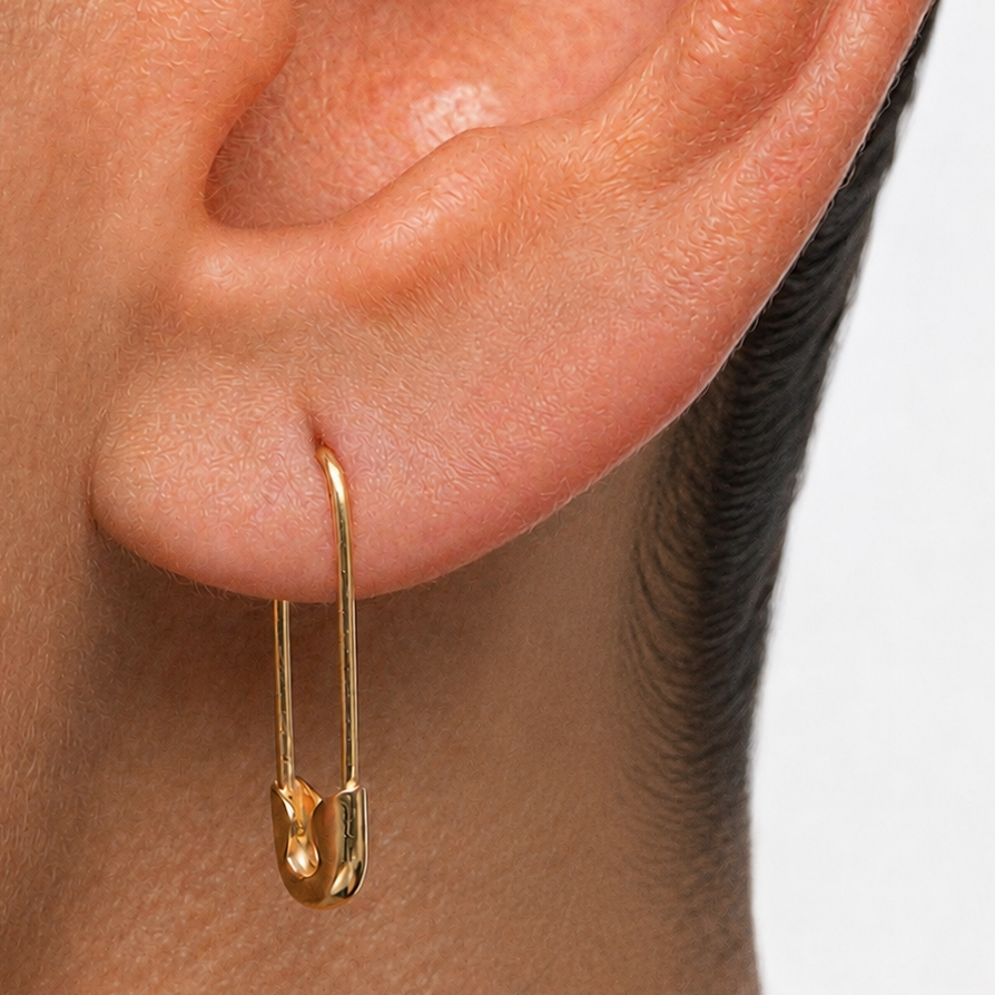 14k solid gold safety pin earring - minimalist sculptural stud, yellow gold
