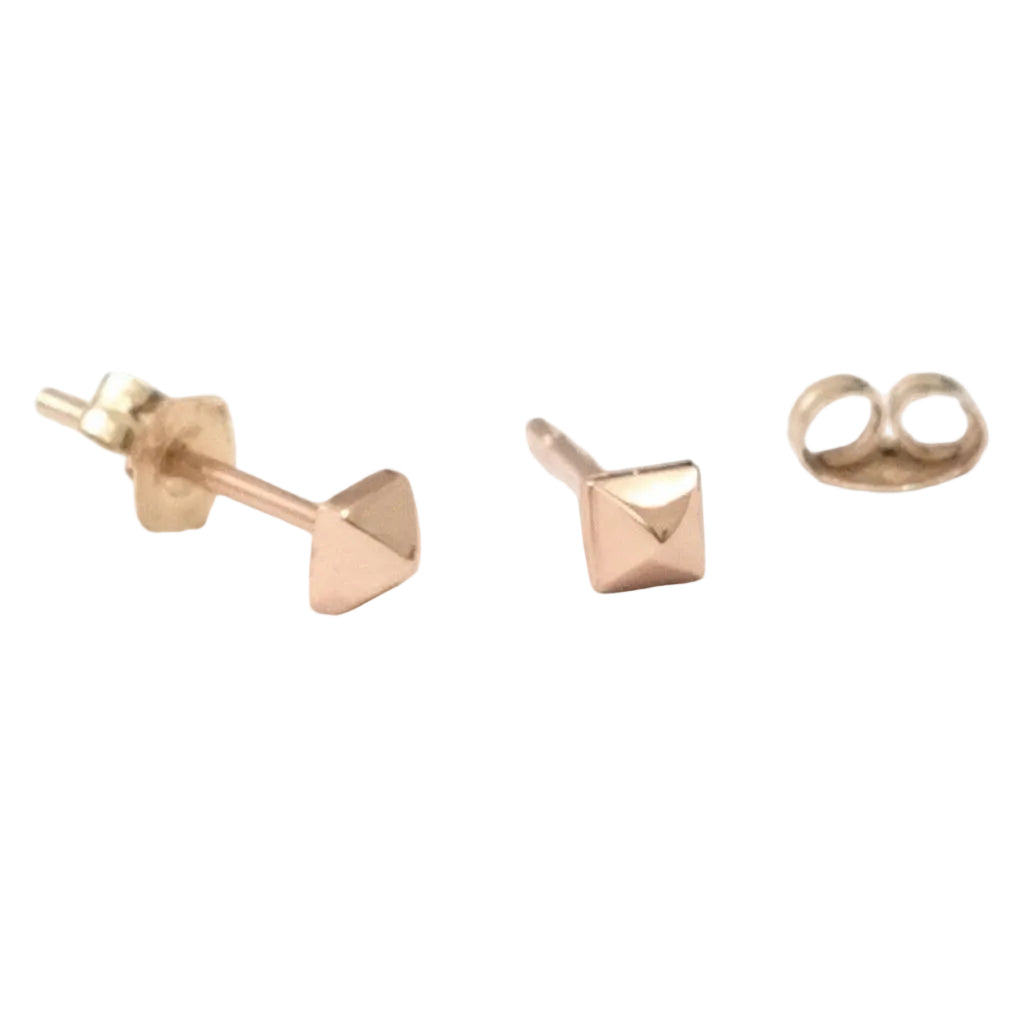 14k solid gold pyramid stud earrings 3mm - sculptural geometric studs, yellow gold