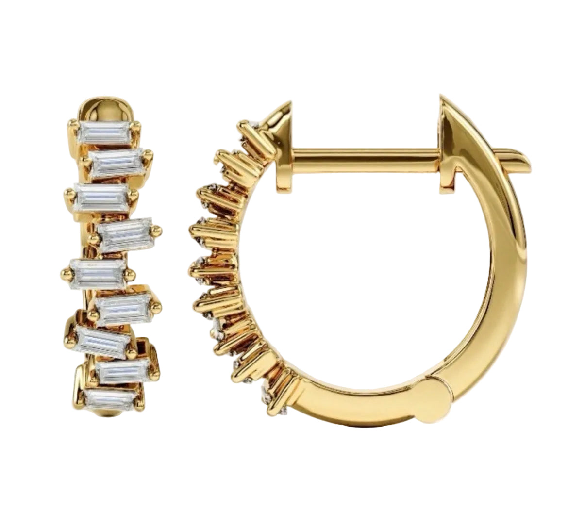 14k solid gold staggered diamond baguette huggie earrings, front and side view
