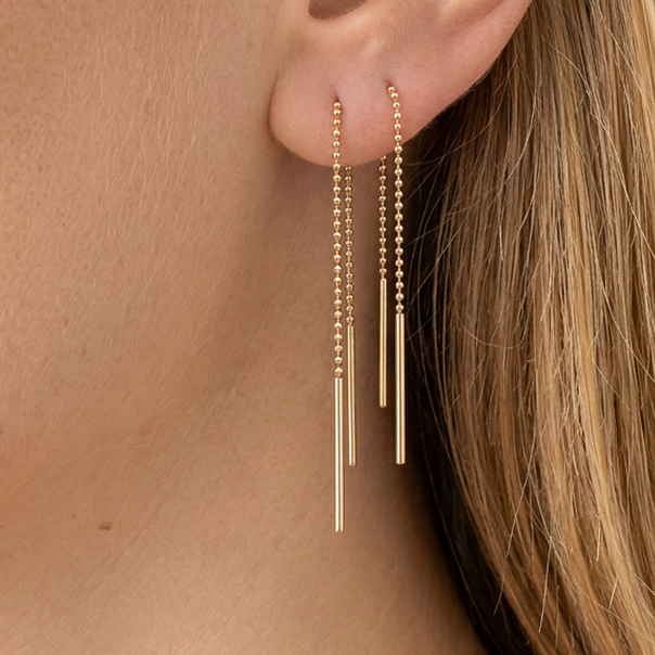 14k solid gold threader earrings - delicate chain threader with gold bar, yellow gold
