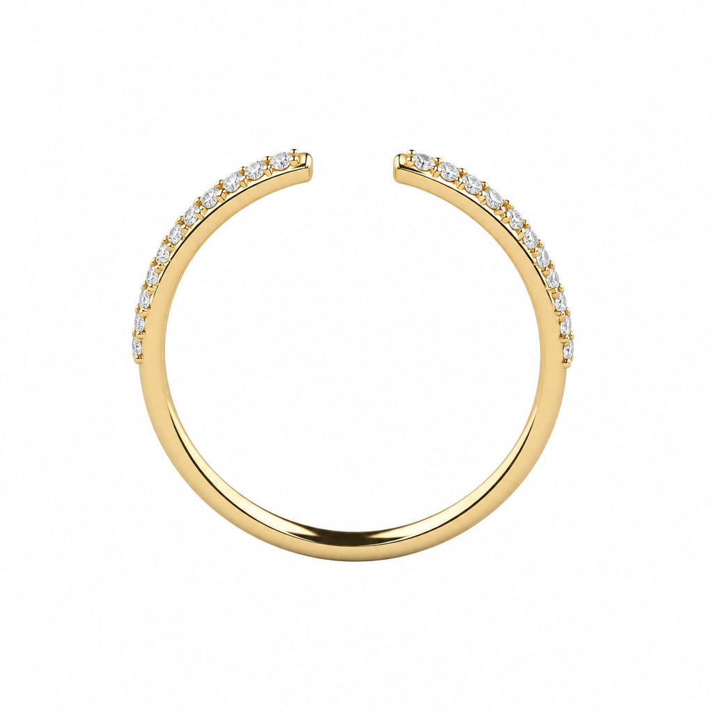 Yellow gold champagne pavé diamond open stack ring, front view showing the open band and diamond-set shoulders.

