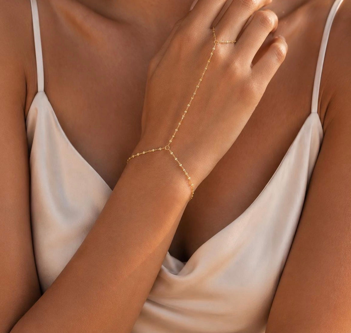 14k Solid Gold Mirror Chain Bracelet Linked to Ring - Slave bracelet, yellow gold
