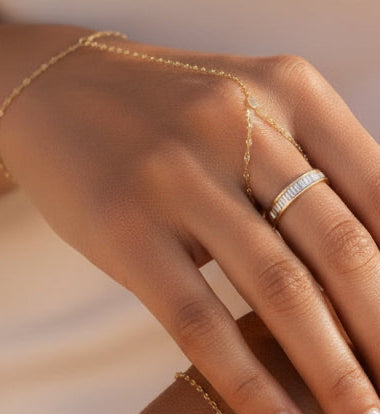 14k Solid Gold Mirror Chain Bracelet  Connected To Ring- Layered stack, yellow gold, slave bracelet
