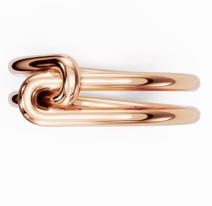 14k solid gold knot double ring - sculptural infinity knot double band, rose gold top view
