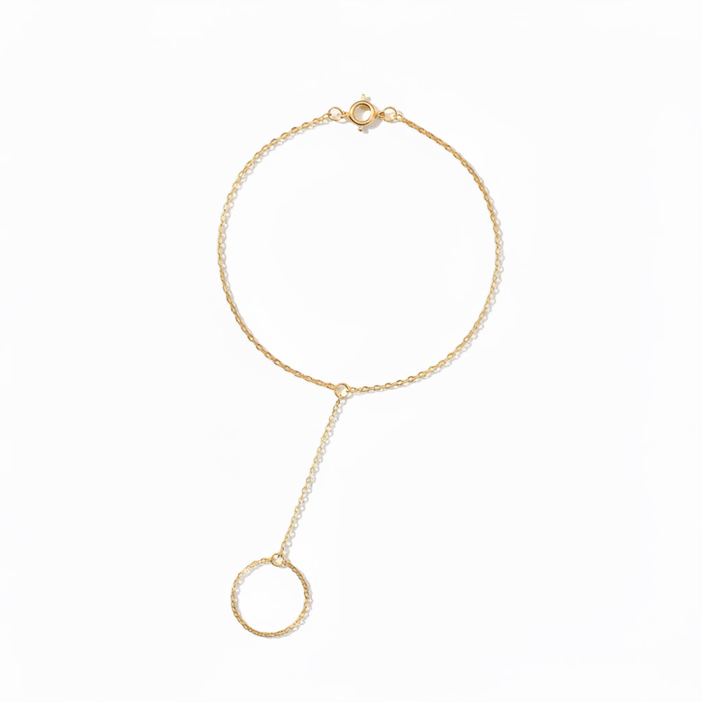 14k Solid Gold Mirror Chain Bracelet Linked to Ring - Flat lay, spring ring closure, yellow gold
