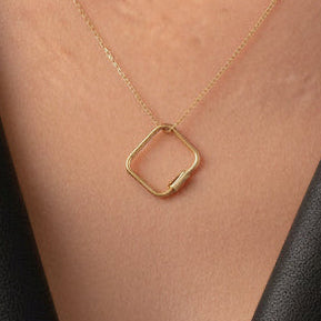 18k solid gold square carabiner charm holder in yellow gold, screw clasp necklace connector, on white background
