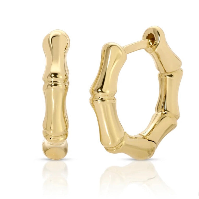 14k Solid Gold Bamboo Huggie Hoop Earrings - front and side view, yellow gold