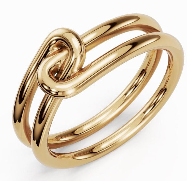 14k solid gold knot double ring - sculptural infinity knot double band, yellow gold
