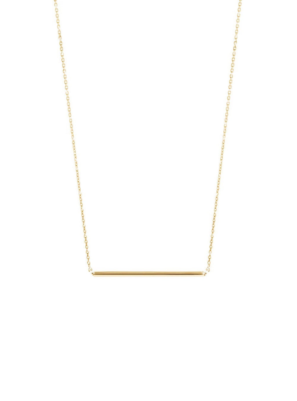 14k solid yellow gold bar necklace on delicate chain, flat view
