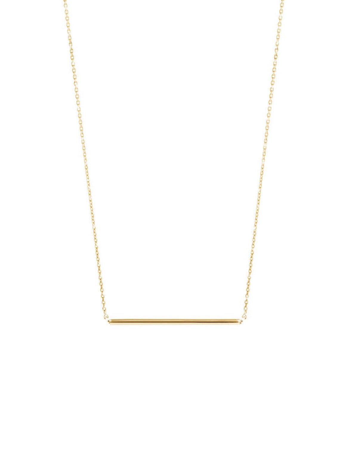 14k solid yellow gold bar necklace on delicate chain, flat view
