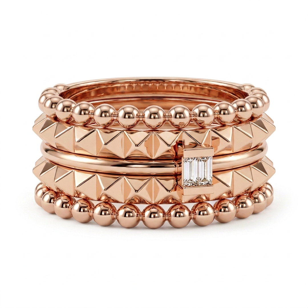 14k solid gold pyramid stack ring - sculptural geometric beaded gold band,  rose gold, ring stack