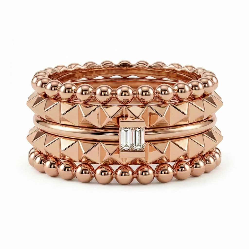 14k solid gold beaded stack ring - rose gold stacked ring set with beaded, smooth, and diamond baguette bands
