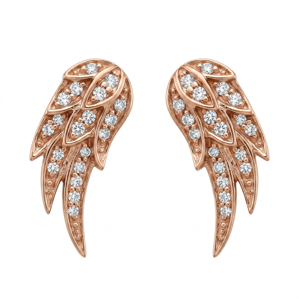 14k solid gold pavé diamond angel wing earrings pair - sculptural feathered wing studs with pavé diamonds, rose gold
