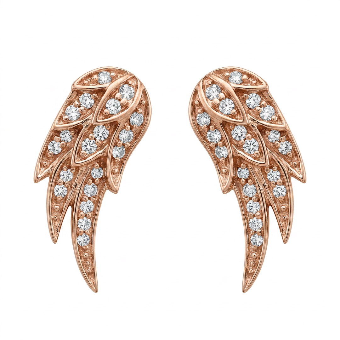 14k solid gold pavé diamond angel wing earrings pair - sculptural feathered wing studs with pavé diamonds, rose gold
