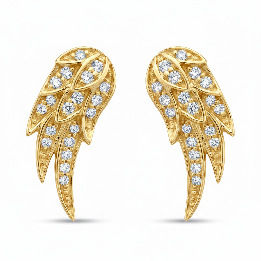 14k solid gold pavé diamond angel wing earrings pair - sculptural feathered wing studs with pavé diamonds, yellow gold