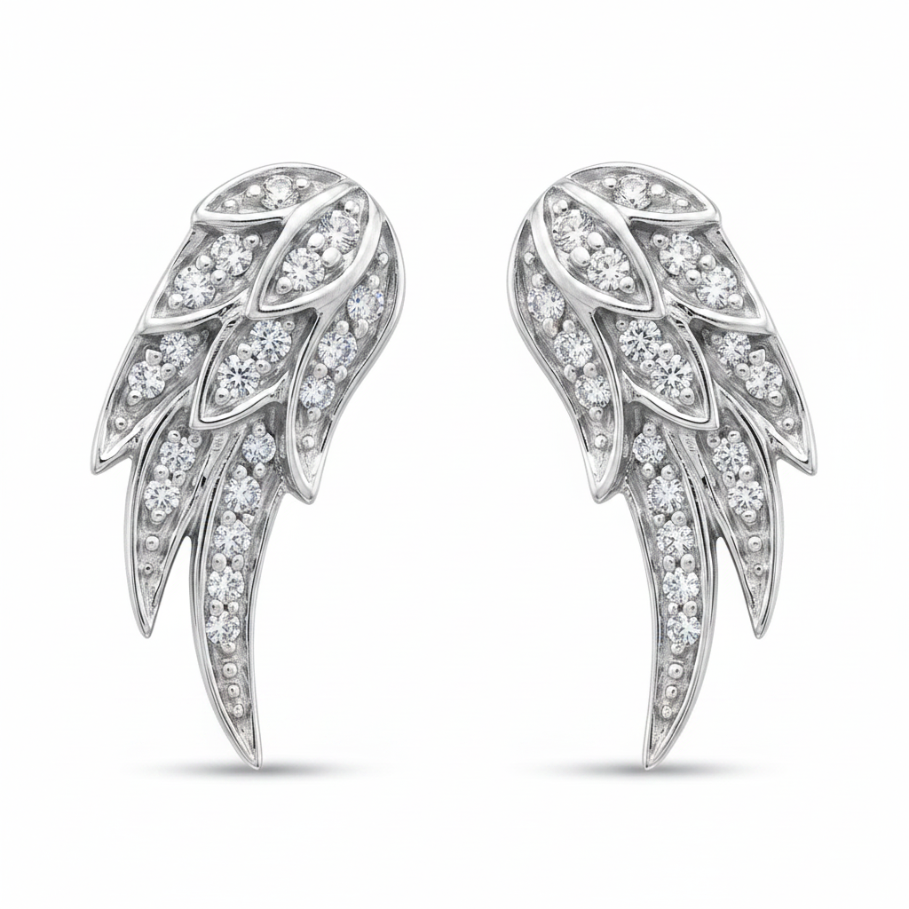 14k solid gold pavé diamond angel wing earrings pair - sculptural feathered wing studs with pavé diamonds, white gold

