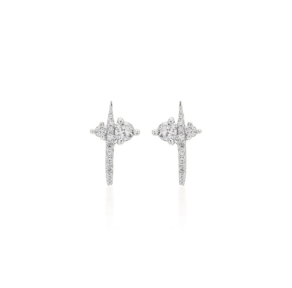 14k solid gold diamond curved huggie earrings pair - pavé diamond studs cluster with curved bar, white gold
