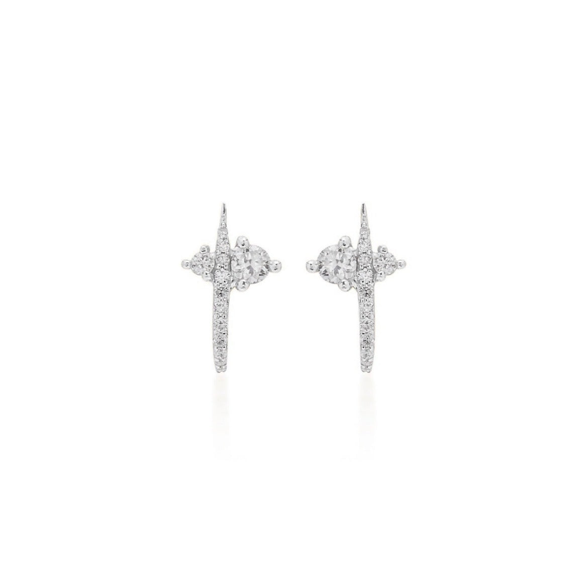 14k solid gold diamond curved huggie earrings pair - pavé diamond studs cluster with curved bar, white gold
