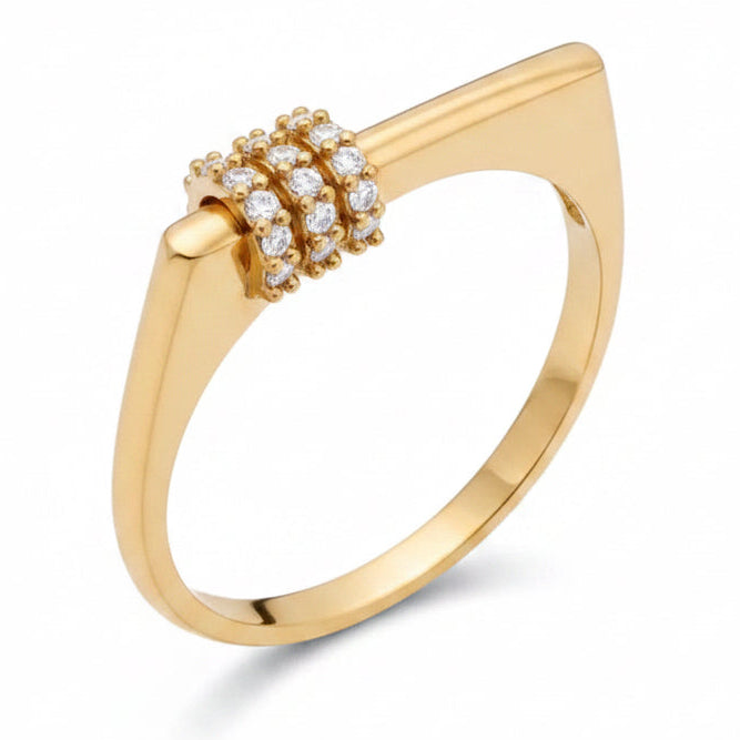 14k solid gold diamond bar ring with triple pavé row - triple row pavé diamond bar ring, yellow gold
