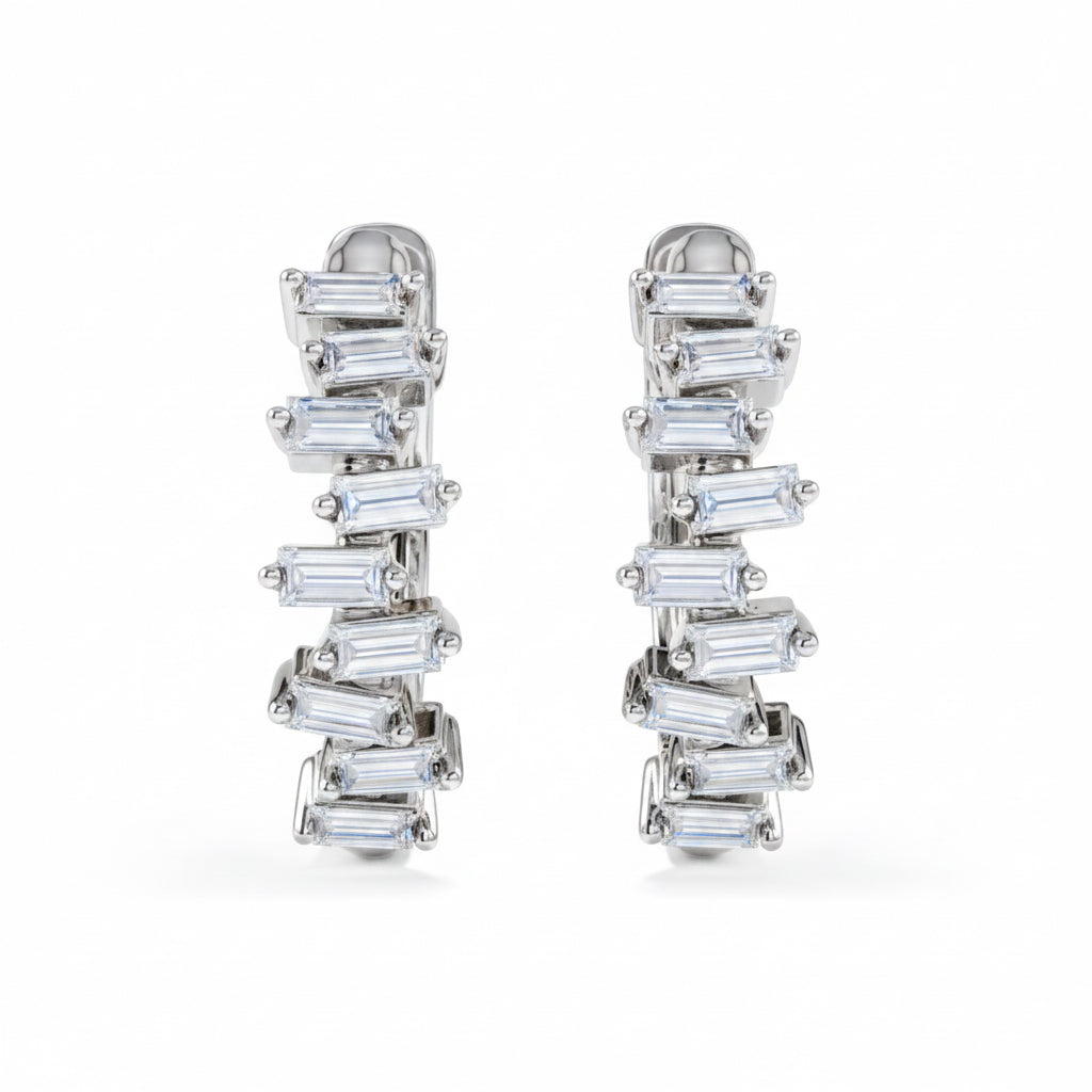 14k solid white gold staggered diamond baguette huggie earrings, front view