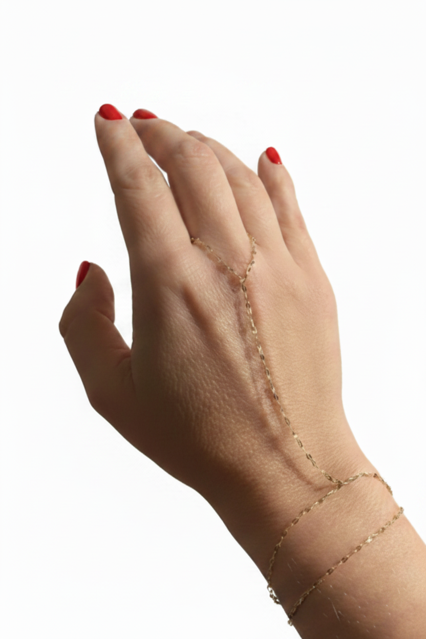 14k solid gold mirrored double chain hand chain bracelet worn on model, chain draping from wrist to finger
