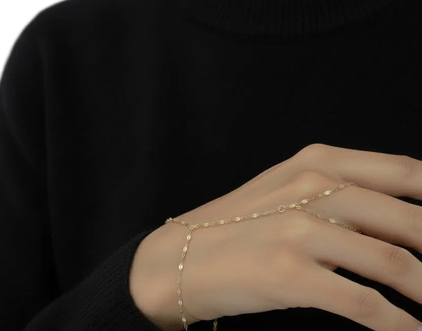 14k solid gold mirrored double chain hand chain bracelet styled on model, layered chain detail
