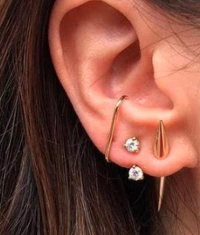 14k solid gold thin suspender cuff earring - delicate gold ear suspender threader, yellow gold
