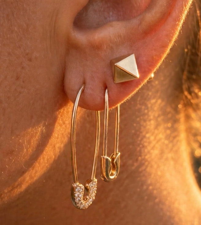 14k Solid Gold Diamond Safety Pin Earring, with 14k solid yellow gold safety pin earring and pyramid stud earring, yellow gold