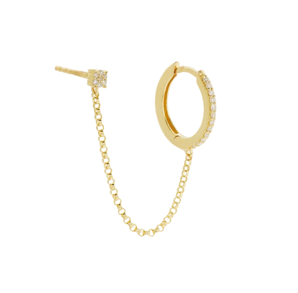 14K solid gold diamond double piercing chain earring — white background, front view
