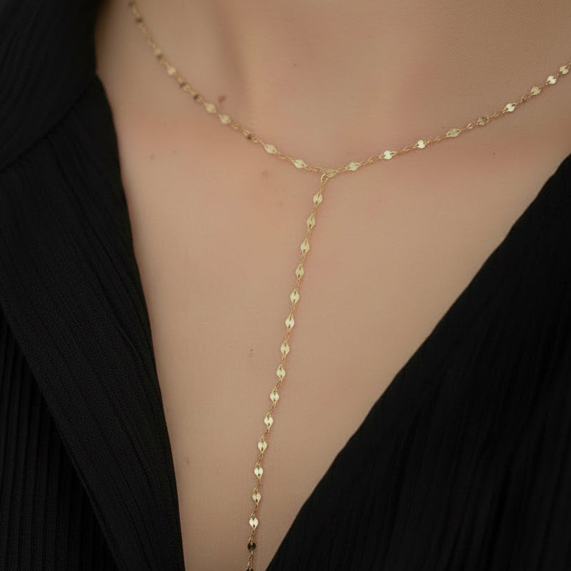 14k solid gold marquise lariat chain necklace - delicate marquise lariat chain, yellow gold, Y necklace, everyday jewelry
