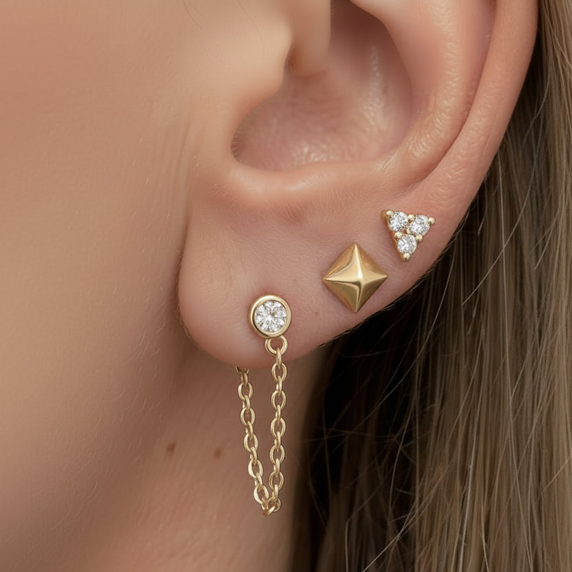 14k solid gold solitaire diamond chain earrings - single diamond drop chain, yellow gold
