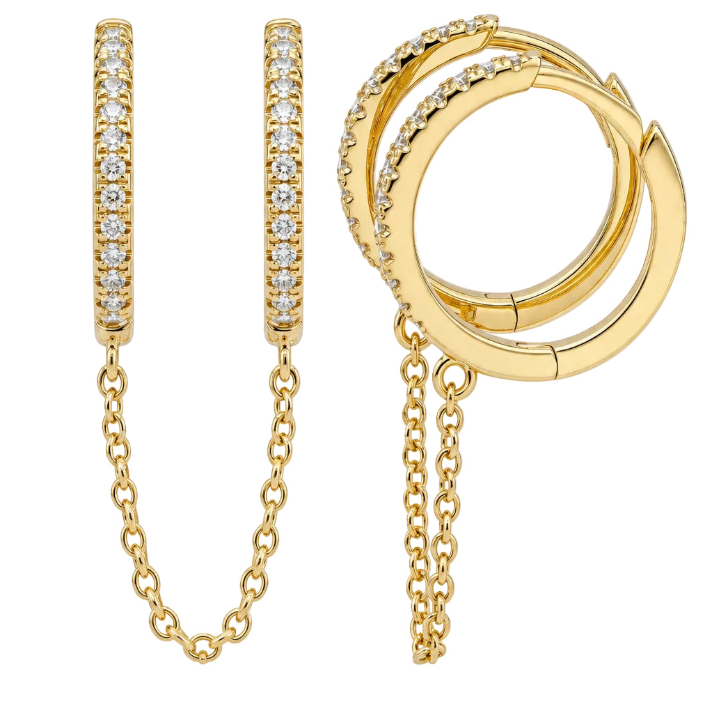 14k solid gold diamond double huggie chain earring with 1 inch chain drop, yellow gold, single earring
